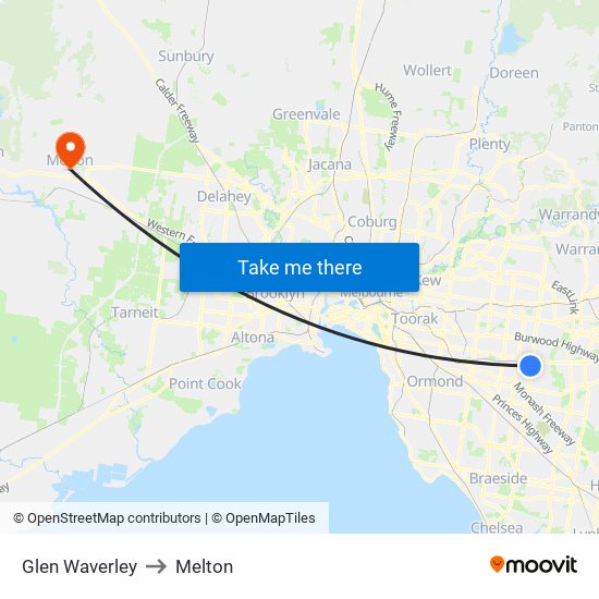 Glen Waverley to Melton map