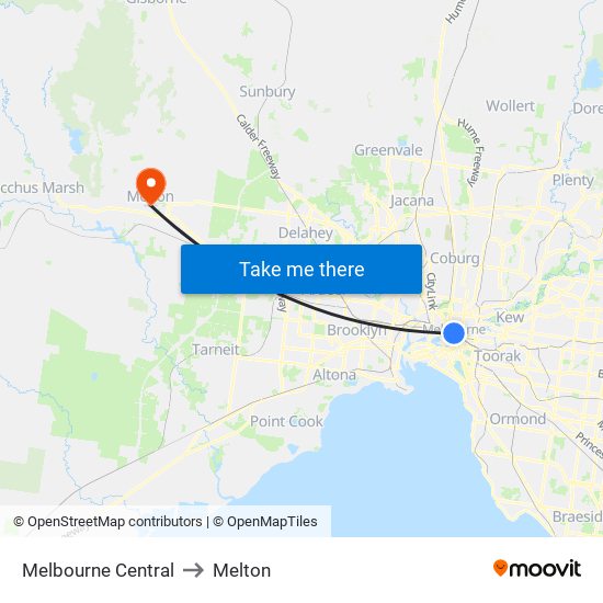 Melbourne Central to Melton map