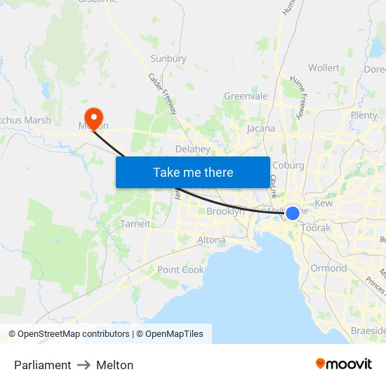 Parliament to Melton map