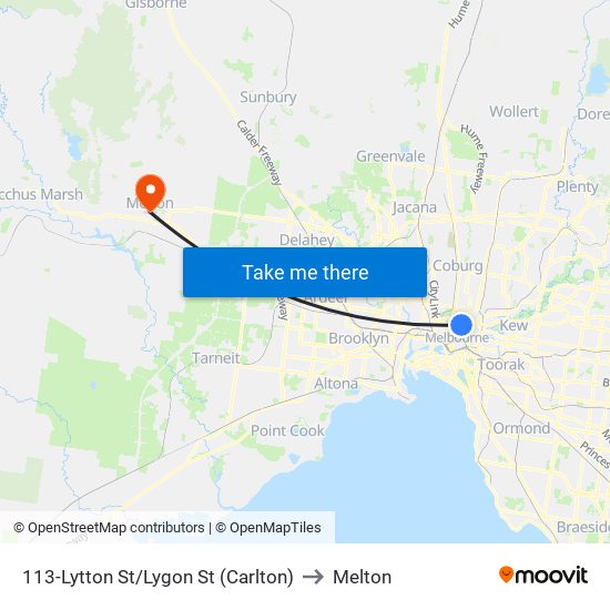 113-Lytton St/Lygon St (Carlton) to Melton map