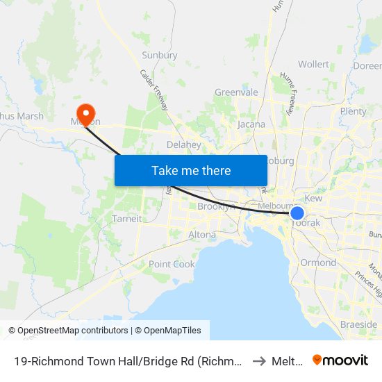 19-Richmond Town Hall/Bridge Rd (Richmond) to Melton map