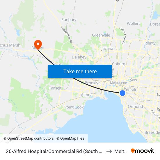 26-Alfred Hospital/Commercial Rd (South Yarra) to Melton map