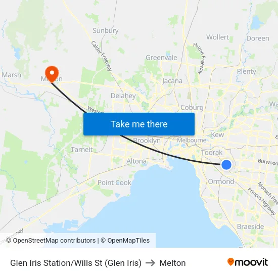 Glen Iris Station/Wills St to Melton map