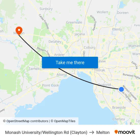 Monash University/Wellington Rd to Melton map
