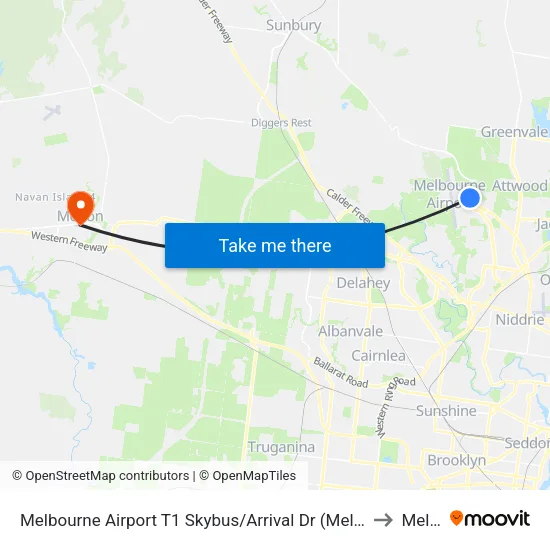 Melbourne Airport T1 Skybus/Arrival Dr to Melton map