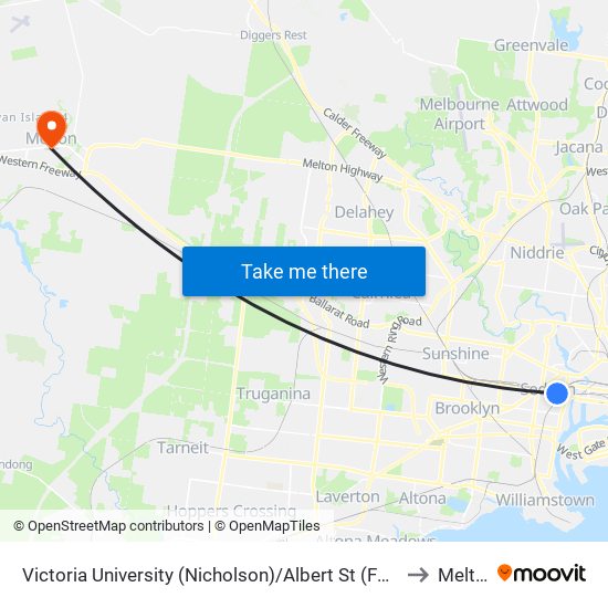 Victoria University (Nicholson)/Albert St (Footscray) to Melton map