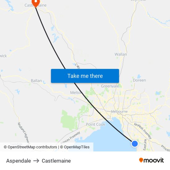 Aspendale to Castlemaine map