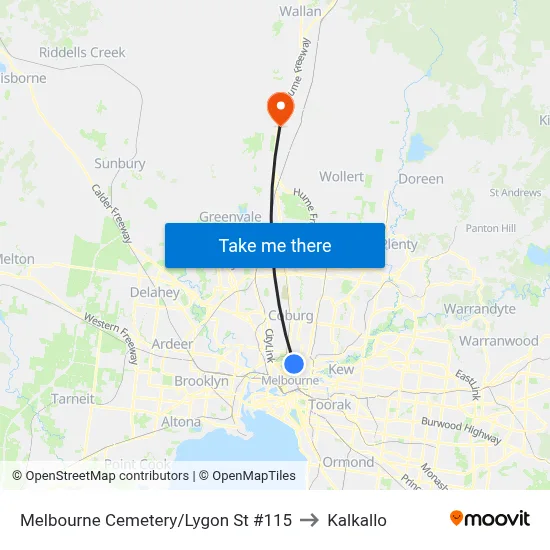 Melbourne Cemetery/Lygon St #115 to Kalkallo map