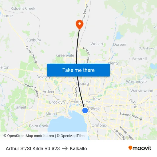 Arthur St/St Kilda Rd #23 to Kalkallo map