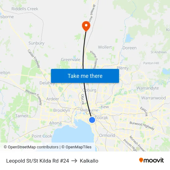 Leopold St/St Kilda Rd #24 to Kalkallo map
