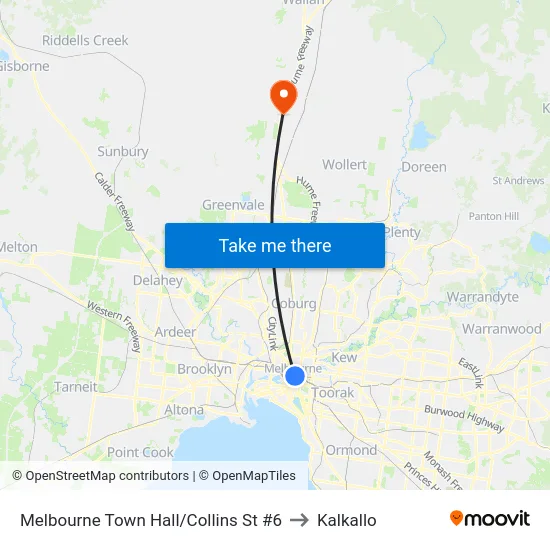 Melbourne Town Hall/Collins St #6 to Kalkallo map