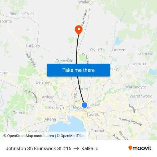 Johnston St/Brunswick St #16 to Kalkallo map
