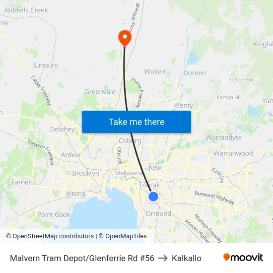 Malvern Tram Depot/Glenferrie Rd #56 to Kalkallo map