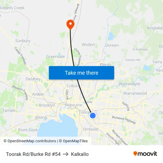 Toorak Rd/Burke Rd #54 to Kalkallo map