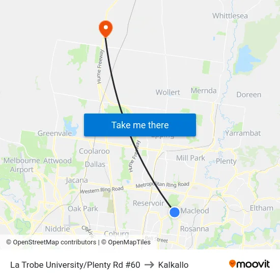 La Trobe University/Plenty Rd #60 to Kalkallo map