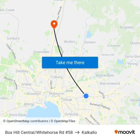 Box Hill Central/Whitehorse Rd #58 to Kalkallo map