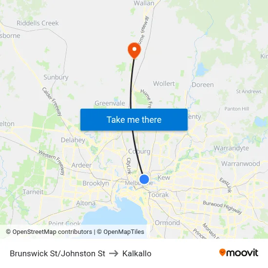 Brunswick St/Johnston St to Kalkallo map