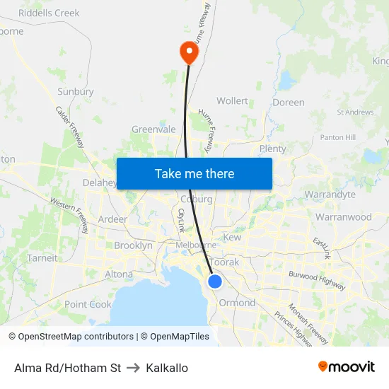 Alma Rd/Hotham St to Kalkallo map