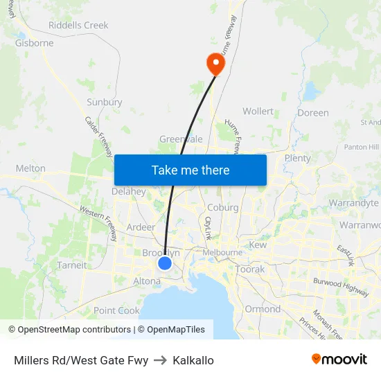 Millers Rd/West Gate Fwy to Kalkallo map