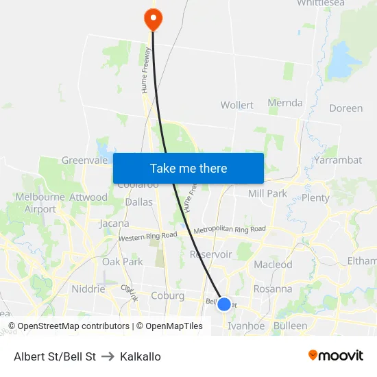 Albert St/Bell St to Kalkallo map
