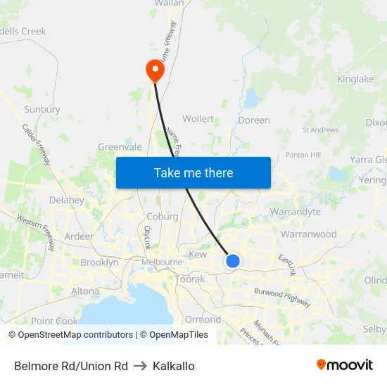 Belmore Rd/Union Rd to Kalkallo map