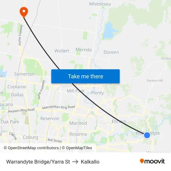 Warrandyte Bridge/Yarra St to Kalkallo map