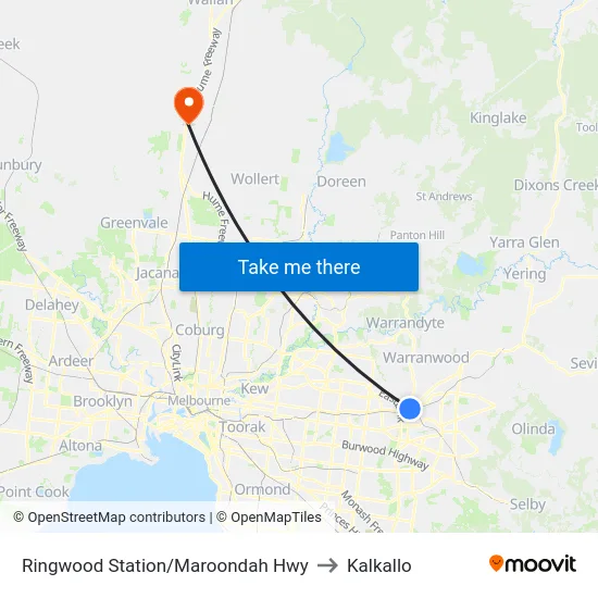Ringwood Station/Maroondah Hwy to Kalkallo map