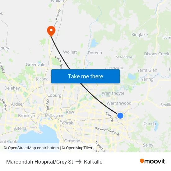 Maroondah Hospital/Grey St to Kalkallo map