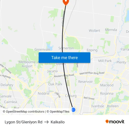 Lygon St/Glenlyon Rd to Kalkallo map