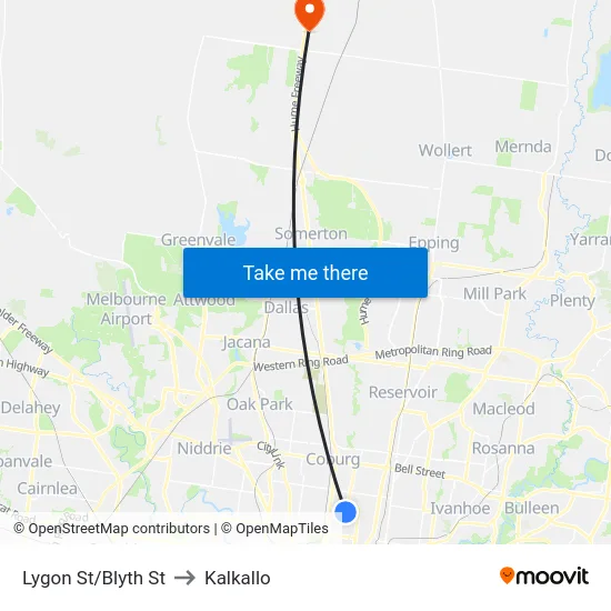 Lygon St/Blyth St to Kalkallo map