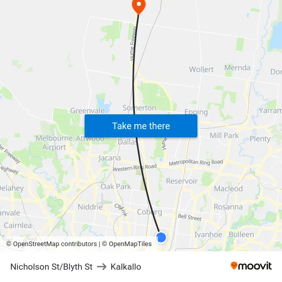 Nicholson St/Blyth St to Kalkallo map