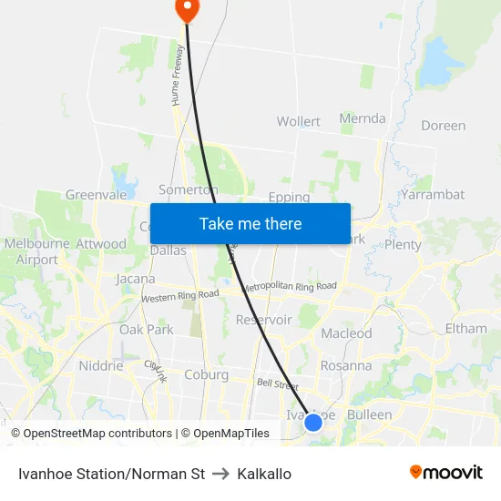 Ivanhoe Station/Norman St to Kalkallo map