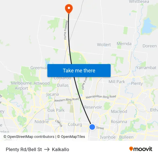 Plenty Rd/Bell St to Kalkallo map