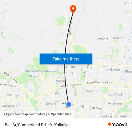 Bell St/Cumberland Rd to Kalkallo map