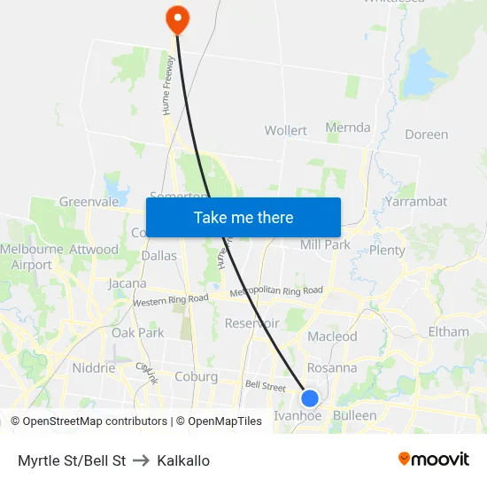 Myrtle St/Bell St to Kalkallo map