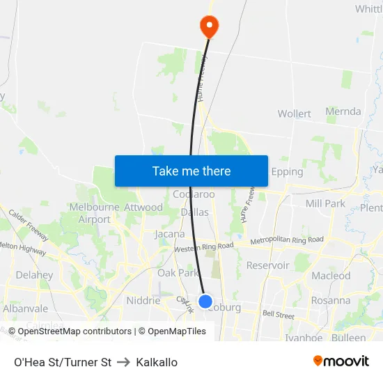 O'Hea St/Turner St to Kalkallo map