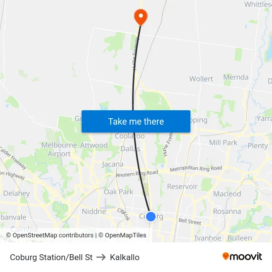 Coburg Station/Bell St to Kalkallo map