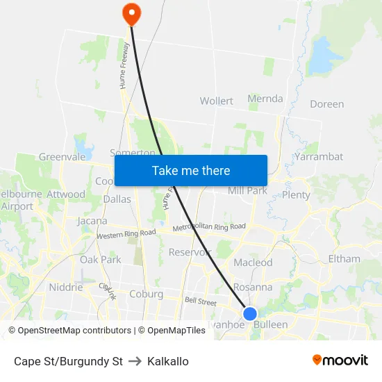 Cape St/Burgundy St to Kalkallo map