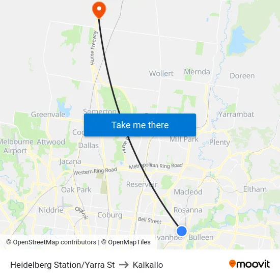 Heidelberg Station/Yarra St to Kalkallo map