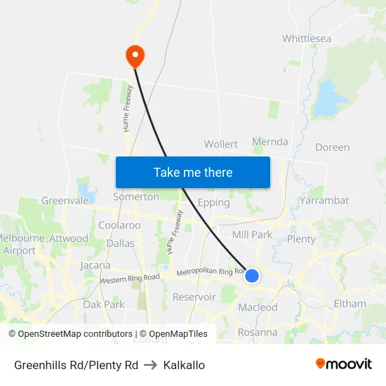 Greenhills Rd/Plenty Rd to Kalkallo map