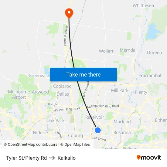 Tyler St/Plenty Rd to Kalkallo map