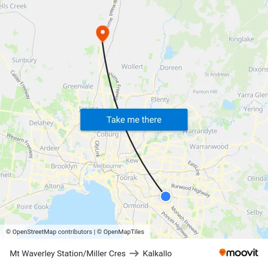 Mt Waverley Station/Miller Cres to Kalkallo map