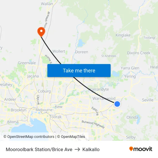 Mooroolbark Station/Brice Ave to Kalkallo map
