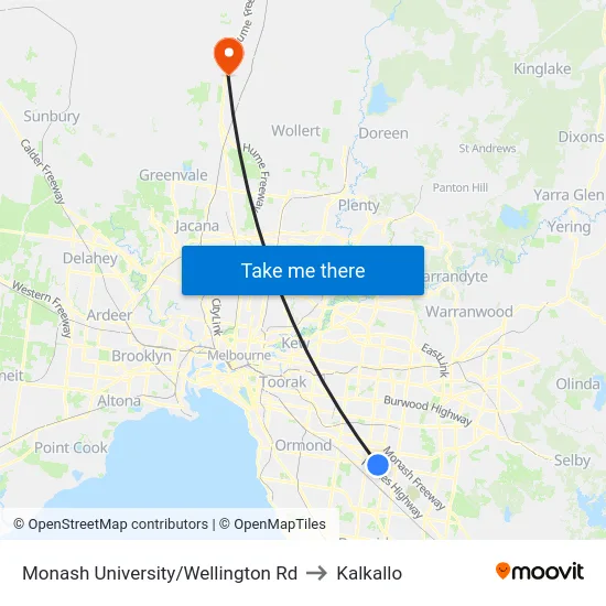 Monash University/Wellington Rd to Kalkallo map