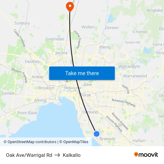 Oak Ave/Warrigal Rd to Kalkallo map