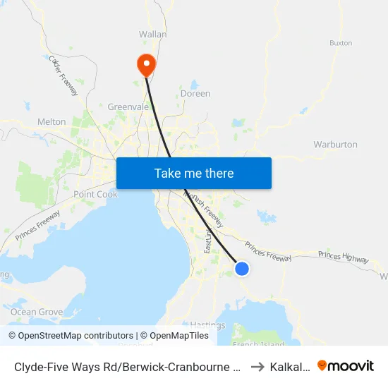 Clyde-Five Ways Rd/Berwick-Cranbourne Rd to Kalkallo map