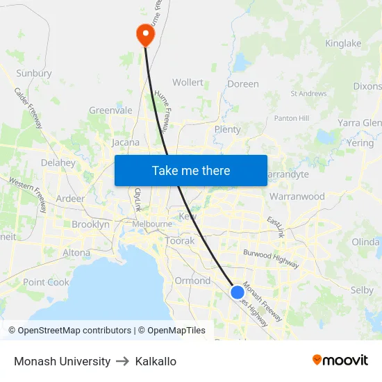 Monash University to Kalkallo map
