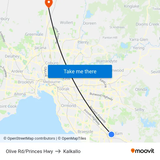 Olive Rd/Princes Hwy to Kalkallo map