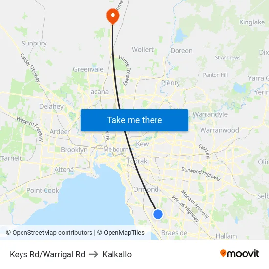 Keys Rd/Warrigal Rd to Kalkallo map