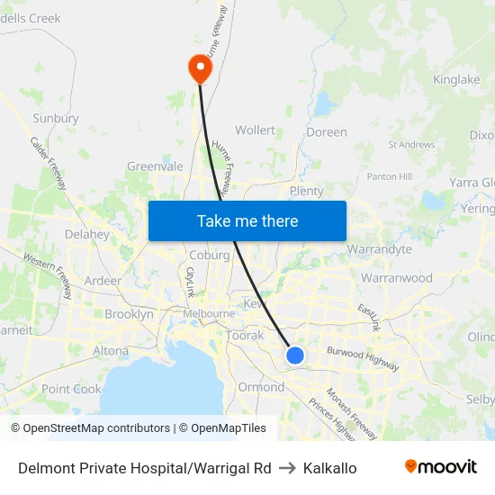 Delmont Private Hospital/Warrigal Rd to Kalkallo map